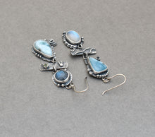 Larimar, Labradorite, Moonstone, and Silver Mismatch Earrings.