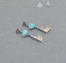 Turquoise and Schalenblende Geometric Post Dangle Earrings.