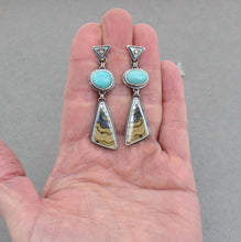 Turquoise and Schalenblende Geometric Post Dangle Earrings.