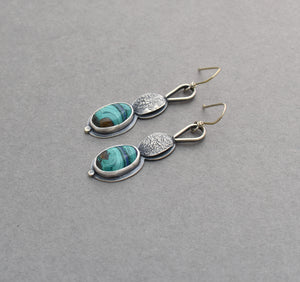 Azurite Malachite and Textured Silver Dangle Earrings.