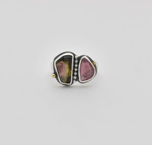 Tourmaline Ring. Multi Color Double Gemstone Ring. The Space Between. Size 7.5