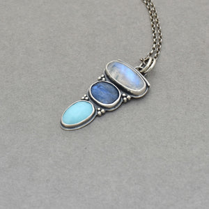 Moonstone, Kyanite, Blue Opal Pendant. Triple Stone Jewelry.