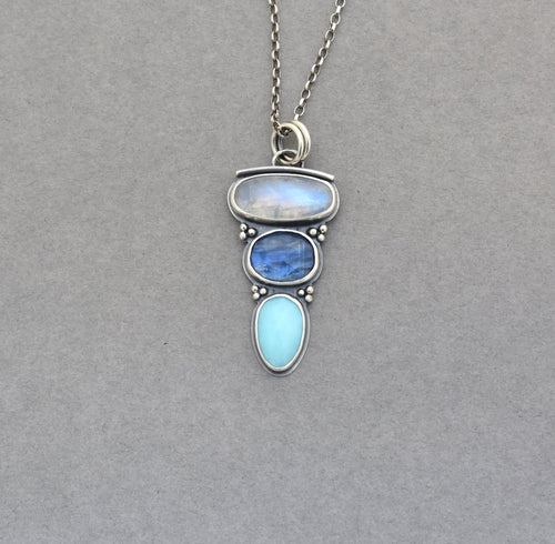 Moonstone, Kyanite, Blue Opal Pendant. Triple Stone Jewelry.