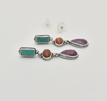 Reserved. Turquoise, Orange Kyanite, and Ruby Dangle Post Earrings.