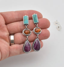 Reserved. Turquoise, Orange Kyanite, and Ruby Dangle Post Earrings.