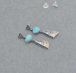 Turquoise and Schalenblende Geometric Post Dangle Earrings.