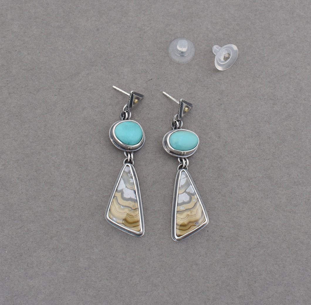 Turquoise and Schalenblende Geometric Post Dangle Earrings.