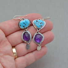 Turquoise Nugget and Amethyst Dangle Earrings.