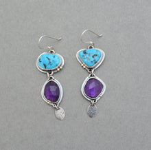 Turquoise Nugget and Amethyst Dangle Earrings.